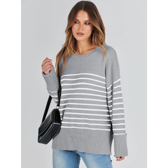 Women's Grey White Stripe Oversized Long Sleeve Casual Fuzzy Knit Sweaters - Picture 8 of 9